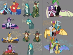 Size: 1280x960 | Tagged: safe, artist:theartfox2468, imported from derpibooru, flash sentry, ocellus, princess ember, rainbow dash, rarity, sandbar, smolder, spike, thorax, twilight sparkle, yona, alicorn, anthro, changedling, changeling, blushing, bridal carry, burger, carrying, changeling x dragon, clothes, colored wings, dragon lord ember, embrax, female, flashlight, food, gray background, hay burger, headcanon, hoodie, interspecies, king thorax, lesbian, male, multicolored wings, shipping, simple background, smolcellus, sparity, straight, twilight burgkle, twilight sparkle (alicorn), wings, yonabar