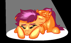 Size: 569x347 | Tagged: safe, artist:dizasterbi, imported from derpibooru, scootaloo, pegasus, art, cutie mark crusaders, digital, digital art, food, orange, pink, pixel art, pixelated, scared, spotlight