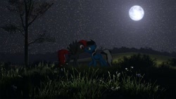 Size: 1024x576 | Tagged: safe, artist:caroline, imported from derpibooru, oc, oc only, oc:buffonsmash, oc:dicemare, pegasus, pony, 3d, beautiful, eyes open, female, folded wings, grass, hill, kissing, male, mare, moon, night, night sky, oc x oc, outdoors, pegasus oc, shipping, sky, source filmmaker, spread wings, stallion, stars, straight, tree, wings