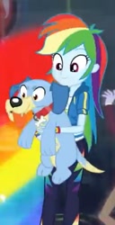 Size: 257x502 | Tagged: safe, imported from derpibooru, screencap, rainbow dash, dog, equestria girls, run to break free, spoiler:eqg series (season 2), blue dog, cropped, cute, dashabetes, female, holding, solo