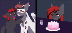 Size: 3572x1652 | Tagged: safe, artist:codyblue-731, imported from derpibooru, oc, oc only, oc:dicemare, anthro, cat, dragon, hybrid, pegasus, pony, angry, black, black and red mane, cake, confused, cursed, cursed image, cute, food, funny, furry, fursona, gray, hilarious, mean, meme, monochrome, open mouth, pegasus oc, red, sharp teeth, simple background, table, teeth, upset, water, white, wings, woman yelling at a cat, yelling