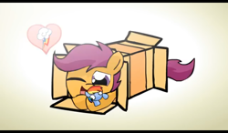 Size: 1024x600 | Tagged: safe, artist:alfa995, imported from derpibooru, rainbow dash, scootaloo, pony, box, cute, cutealoo, female, heart, hoof hold, implied lesbian, implied scootadash, implied shipping, lesbian, one eye closed, plushie, pony in a box, rainbow dash plushie, rainbow dash's cutie mark, scootadash, scootalove, shipping, shipping fuel