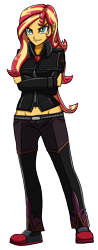 Size: 1128x2891 | Tagged: safe, artist:artemis-polara, imported from derpibooru, sunset shimmer, equestria girls, alternate hairstyle, belly button, clothes, female, human sunset, jacket, low rise jeans, magical geodes, midriff, pants, simple background, solo, transparent background