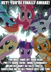 Size: 500x706 | Tagged: safe, artist:miku sky, imported from derpibooru, applejack, fluttershy, pinkie pie, rainbow dash, rarity, twilight sparkle, caption, female, image macro, implied anon, looking at you, looking down, mane six, meme, sky, text, you're finally awake