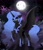 Size: 1920x2250 | Tagged: safe, artist:tillie-tmb, imported from derpibooru, nightmare moon, alicorn, pony, armor, ethereal mane, female, full moon, helmet, lidded eyes, mare, moon, peytral, raised hoof, sharp teeth, sky, smiling, solo, stars, teeth