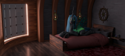 Size: 4554x2040 | Tagged: safe, artist:radiomann01, imported from derpibooru, queen chrysalis, changeling, changeling queen, 3d, bed, bedroom eyes, carpet, compass, detailed background, fangs, female, fire, grin, high res, horn, lantern, looking at you, lying down, lying on bed, mane, on bed, open mouth, prone, render, sharp teeth, ship, smiling, solo, steering wheel, tail, teeth, window, wings, wooden floor