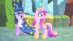 Size: 1920x1080 | Tagged: safe, imported from derpibooru, screencap, princess cadance, twilight sparkle, alicorn, pony, season 4, three's a crowd, cloak, clothes, costume, duo, duo female, fair, fake beard, female, hat, hoof shoes, lidded eyes, mare, sisters-in-law, smug, smuglight sparkle, star swirl the bearded costume, twilight sparkle (alicorn), wizard hat