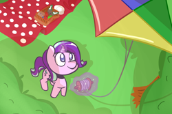 Size: 1280x854 | Tagged: safe, artist:ronin20181, imported from derpibooru, starlight glimmer, pony, unicorn, basket, female, glowing horn, horn, kite, kite flying, picnic basket, picnic blanket, solo