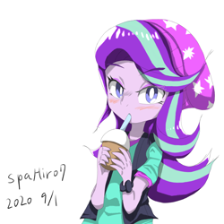 Size: 2000x2000 | Tagged: safe, artist:spahiro7, imported from derpibooru, starlight glimmer, equestria girls, beanie, blushing, drinking, female, hat, simple background, solo, straw, white background