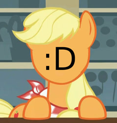 Size: 654x688 | Tagged: safe, artist:d3rpstrii, edit, edited screencap, imported from derpibooru, screencap, applejack, earth pony, pony, a bird in the hoof, :d, bib, faic, female, leaning, mare, open mouth, smiling, solo, table, wat