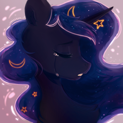 Size: 2500x2500 | Tagged: safe, artist:_mpiesocks, artist:raily, imported from derpibooru, princess luna, alicorn, pony, bust, crying, eyes closed, moon, portrait, stars