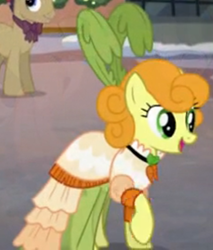 Size: 892x1049 | Tagged: safe, imported from derpibooru, screencap, carrot top, golden harvest, earth pony, pony, a hearth's warming tail, butt, clothes, cropped, dress, female, hat, mare, open mouth, solo, solo focus, unnamed character, unnamed pony