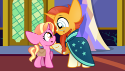 Size: 1920x1080 | Tagged: safe, artist:sugarcloud12, imported from derpibooru, luster dawn, sunburst, pony, bag, blaze (coat marking), clothes, coat markings, facial markings, father and child, father and daughter, female, filly, filly luster dawn, glasses, luster dawn is starlight's and sunburst's daughter, male, offspring, older sunburst, papa sunburst, parent:starlight glimmer, parent:sunburst, parents:starburst, robe, saddle bag, socks (coat markings), sunburst's cloak, sunburst's glasses, twilight's castle