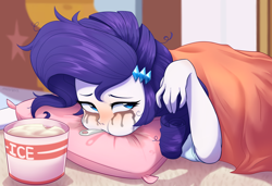 Size: 3200x2191 | Tagged: safe, artist:maren, imported from derpibooru, rarity, human, equestria girls, blanket, comfort eating, crying, drama queen, eating, female, food, ice cream, makeup, marshmelodrama, mascarity, misleading thumbnail, mouth hold, pillow, rarity being rarity, running makeup, sad, solo, spoon, this will end in weight gain