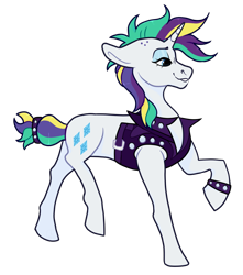 Size: 1000x1131 | Tagged: safe, artist:malphym, imported from derpibooru, rarity, pony, unicorn, alternate hairstyle, clothes, eyeshadow, female, grin, jacket, leather jacket, makeup, mare, punk, raised hoof, raised leg, raripunk, simple background, smiling, solo, spiked wristband, transparent background, wristband