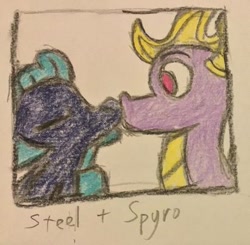 Size: 410x402 | Tagged: safe, anonymous artist, imported from derpibooru, oc, oc:steel the dragon, dragon, dragon only, duo, love, shipping, spyro the dragon, spyro the dragon (series), traditional art