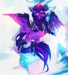 Size: 1000x1100 | Tagged: safe, artist:syntactics, imported from derpibooru, twilight sparkle, alicorn, cyborg, pony, armor, cyberpunk, female, flying, glowing horn, horn, rearing, solo, twilight sparkle (alicorn), wings