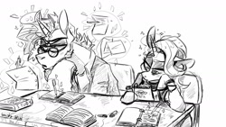 Size: 1280x720 | Tagged: safe, artist:wacky-skiff, imported from derpibooru, starlight glimmer, sunburst, pony, unicorn, clothes, female, magic, male, mare, monochrome, nintendo switch, stallion, studying, sunburst is not amused, unamused, video game