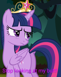 Size: 572x720 | Tagged: safe, imported from derpibooru, screencap, twilight sparkle, alicorn, pony, princess twilight sparkle (episode), big crown thingy, butt, caption, crown, element of magic, female, image macro, jewelry, mare, plot, regalia, solo, text, twibutt, twilight sparkle (alicorn)