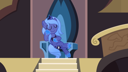 Size: 6452x3629 | Tagged: safe, artist:inaactive, artist:pumpkinpieforlife, imported from derpibooru, princess luna, alicorn, pony, castle of the royal pony sisters, crossed legs, crown, female, hoof shoes, jewelry, peytral, regalia, s1 luna, sitting, solo, throne
