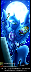 Size: 1155x2658 | Tagged: safe, artist:bonaxor, imported from derpibooru, princess luna, pony, clothes, easel, female, moon, night, paintbrush, scarf, solo