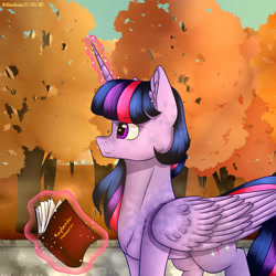 Size: 2000x2000 | Tagged: safe, artist:brilliant-luna, imported from derpibooru, twilight sparkle, alicorn, pony, autumn, book, dappled sunlight, ear fluff, female, levitation, magic, solo, telekinesis, tree, twilight sparkle (alicorn), wings