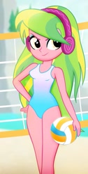 Size: 753x1494 | Tagged: safe, artist:invisibleink, edit, editor:thomasfan45, imported from derpibooru, lemon zest, human, equestria girls, absurd resolution, ball, bare shoulders, beach, beautiful, beautisexy, blue swimsuit, clothes, cropped, cute, female, hand on hip, headphones, legs, looking at you, ocean, one-piece swimsuit, outdoors, sand, sexy, sleeveless, smiling, smiling at you, smirk, solo, sports, swimsuit, volleyball, volleyball net, zestabetes