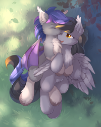 Size: 2400x3000 | Tagged: safe, artist:dreamweaverpony, imported from derpibooru, oc, oc only, oc:crossfire, bat pony, hybrid, pegasus, pony, cuddling, ear fluff, fangs, gay, gray coat, looking at each other, male, open mouth, pegabat, smiling, spread wings, unshorn fetlocks, wings