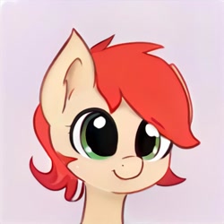 Size: 1024x1024 | Tagged: safe, artist:thisponydoesnotexist, imported from derpibooru, earth pony, pony, ai content, ai generated, bust, cute, female, generator:thisponydoesnotexist, green eyes, mare, necc, neural network, portrait, red mane, simple background, smiling, solo