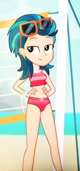 Size: 697x1494 | Tagged: safe, artist:invisibleink, edit, editor:thomasfan45, imported from derpibooru, indigo zap, human, equestria girls, 2 handfuls of dem hips, absurd resolution, bare shoulders, beach, bedroom eyes, belly button, bikini, clothes, cropped, cute, ear piercing, earring, female, hand on hip, hands on hip, jewelry, looking sideways, looking to side, midriff, ocean, outdoors, piercing, red bikini, red swimsuit, sand, sexy, sleeveless, smiling, solo, sunglasses, sunglasses on head, swimsuit, volleyball net, wristband, zapabetes