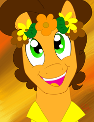 Size: 1536x2000 | Tagged: safe, artist:hufflepuffrave, imported from derpibooru, cheese sandwich, earth pony, pony, bust, cute, floral head wreath, flower, male, smiling, solo