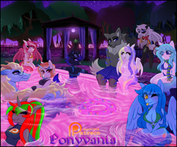Size: 1598x1332 | Tagged: safe, artist:nekomellow, imported from derpibooru, oc, oc:applecore, oc:blue bolt, oc:dream catcher, oc:icedragon, oc:lychee, oc:magnus, oc:willow, anthro, bat pony, changeling, earth pony, pegasus, vampire, vampony, wolf, changling, ponyvania, pool party, pool toy