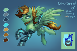 Size: 3000x2000 | Tagged: safe, artist:jedayskayvoker, imported from derpibooru, oc, oc only, oc:glow speed, alicorn, cyborg, pony, alicorn oc, gradient background, horn, looking up, male, reference sheet, solo, wings