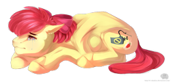 Size: 1359x650 | Tagged: safe, artist:11-shadow, imported from derpibooru, apple bloom, earth pony, pony, bloom and gloom, alternate cutie mark, crying, female, lying down, prone, simple background, solo, transparent background