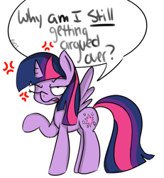 Size: 1200x1300 | Tagged: safe, artist:8-blit-poni, imported from derpibooru, twilight sparkle, alicorn, pony, annoyed, cross-popping veins, cutie mark, dialogue, drama bait, duckery in the comments, female, lifted leg, one eye closed, simple background, solo, speech bubble, white background