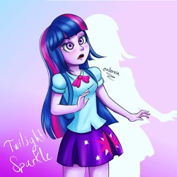 Size: 1080x1080 | Tagged: safe, alternate version, artist:endernin, imported from derpibooru, twilight sparkle, equestria girls, clothes, cutie mark, cutie mark on clothes, d:, female, open mouth, signature, skirt, solo