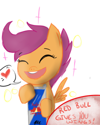 Size: 800x1000 | Tagged: safe, artist:8-blit-poni, imported from derpibooru, scootaloo, pegasus, pony, energy drink, eyes closed, female, filly, heart, pictogram, red bull, red bull gives you wings, simple background, smiling, solo, speech bubble, white background