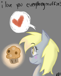 Size: 800x1000 | Tagged: safe, artist:8-blit-poni, imported from derpibooru, derpy hooves, pegasus, pony, bust, female, food, gray background, heart, mare, muffin, pictogram, simple background, solo, speech bubble, that pony sure does love muffins