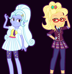 Size: 683x707 | Tagged: safe, artist:sarahalen, imported from derpibooru, applejack, sugarcoat, human, equestria girls, friendship games, alternate clothes, alternate hairstyle, alternate outfits, alternate universe, blouse, clothes, crystal prep academy uniform, crystal prep shadowbolts, cute, duo, female, frown, glasses, hairclip, hand behind back, leggings, legs, looking at each other, necktie, ponytail, rivals, school uniform, skirt