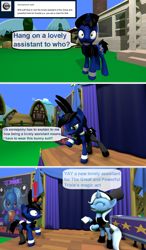 Size: 1024x1750 | Tagged: safe, artist:out-buck-pony, imported from derpibooru, trixie, oc, unicorn, 3d, bowtie, bunny suit, clothes, comic, female, magician outfit, male, mare, rule 63, source filmmaker, stage, stallion