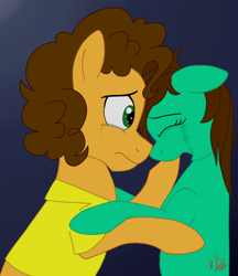 Size: 1442x1672 | Tagged: safe, artist:hufflepuffrave, imported from derpibooru, cheese sandwich, oc, oc:pencil sketch, earth pony, pony, canon x oc, comforting, crying, duo, female, gradient background, male, shipping, straight