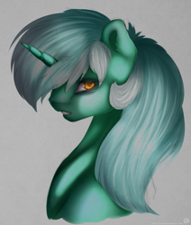 Size: 1171x1381 | Tagged: safe, artist:11-shadow, imported from derpibooru, lyra heartstrings, pony, unicorn, bust, female, gray background, portrait, simple background, solo