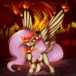 Size: 2000x2000 | Tagged: safe, artist:11-shadow, imported from derpibooru, fluttershy, pegasus, pony, badass, female, fire, flutterbadass, forest, forest fire, solo