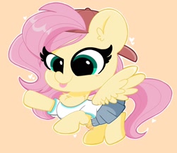 Size: 2048x1781 | Tagged: safe, artist:kittyrosie, imported from derpibooru, fluttershy, pegasus, pony, 90s grunge fluttershy, :p, backwards ballcap, baseball cap, cap, chest fluff, clothes, cute, ear fluff, female, gameloft, gameloft interpretation, grunge, hat, heart, mare, orange background, shyabetes, simple background, skirt, solo, tongue out