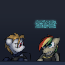 Size: 800x800 | Tagged: safe, artist:captainhoers, imported from derpibooru, oc, oc only, oc:jump cannon, oc:rainbow code, cyborg, earth pony, pegasus, the sunjackers, cyberpunk, female, male, mare, stallion