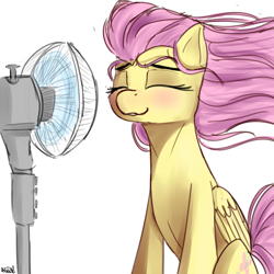 Size: 2000x2000 | Tagged: safe, artist:nixworld, imported from derpibooru, fluttershy, pegasus, pony, blushing, cute, electric fan, eyes closed, fan, female, shyabetes, simple background, sitting, smiling, solo, white background, windswept mane