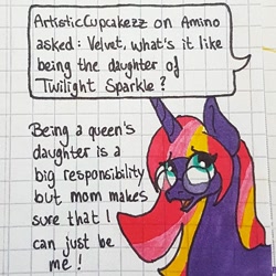 Size: 1080x1080 | Tagged: safe, artist:galaxy.in.mind, imported from derpibooru, oc, oc only, oc:velvet spark, pony, unicorn, ask, bust, eyes closed, female, glasses, graph paper, horn, magical lesbian spawn, mare, offspring, open mouth, parent:tempest shadow, parent:twilight sparkle, parents:tempestlight, solo, traditional art, unicorn oc