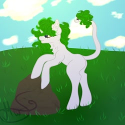 Size: 762x762 | Tagged: safe, artist:nel_liddell, imported from derpibooru, oc, oc only, pony, unicorn, chest fluff, cloud, horn, leonine tail, outdoors, rearing, signature, solo, unicorn oc