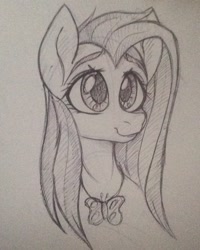 Size: 640x800 | Tagged: safe, artist:d0shkakart0shka, imported from derpibooru, fluttershy, pony, bust, cutie mark accessory, female, looking at you, mare, pencil drawing, portrait, smiling, solo, three quarter view, traditional art