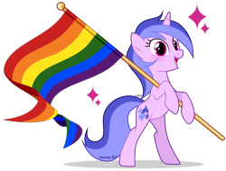 Size: 2360x1795 | Tagged: safe, artist:lazuli, artist:mint-light, imported from derpibooru, sea swirl, seafoam, pony, unicorn, bipedal, commission, eyelashes, female, flag, gay pride flag, hoof hold, mare, open mouth, pride, pride flag, rainbow flag, simple background, smiling, solo, transparent background, ych result